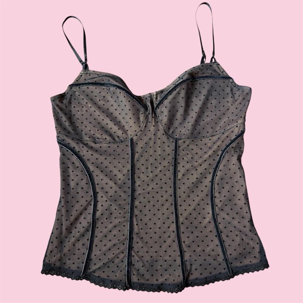 Y2K express black mesh polkadot corset style camo top with adjustable straps